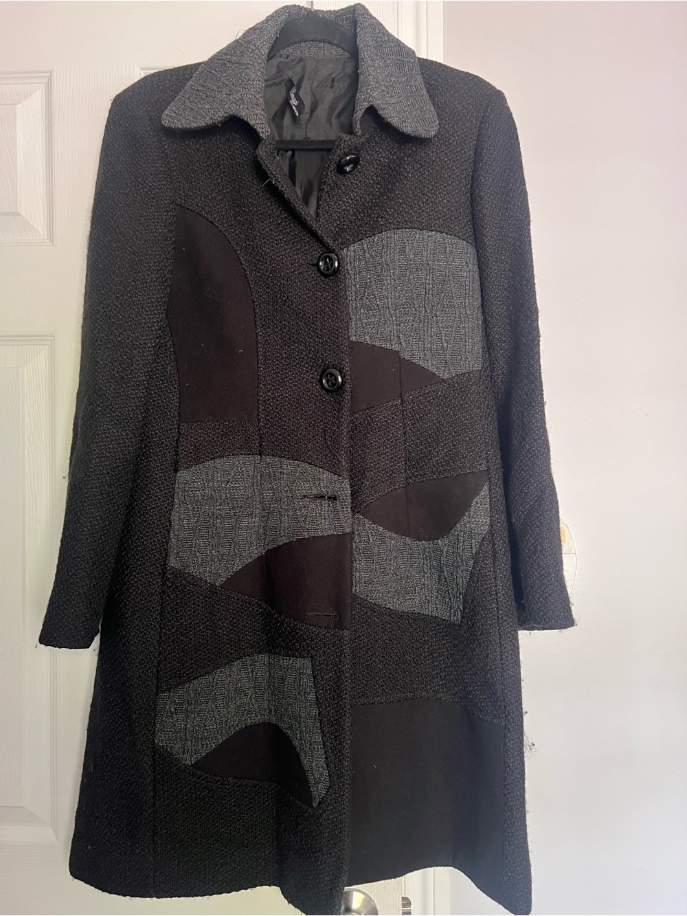 Peruzzi Italy Black & Gray Patchwork Wool Blend Coat
